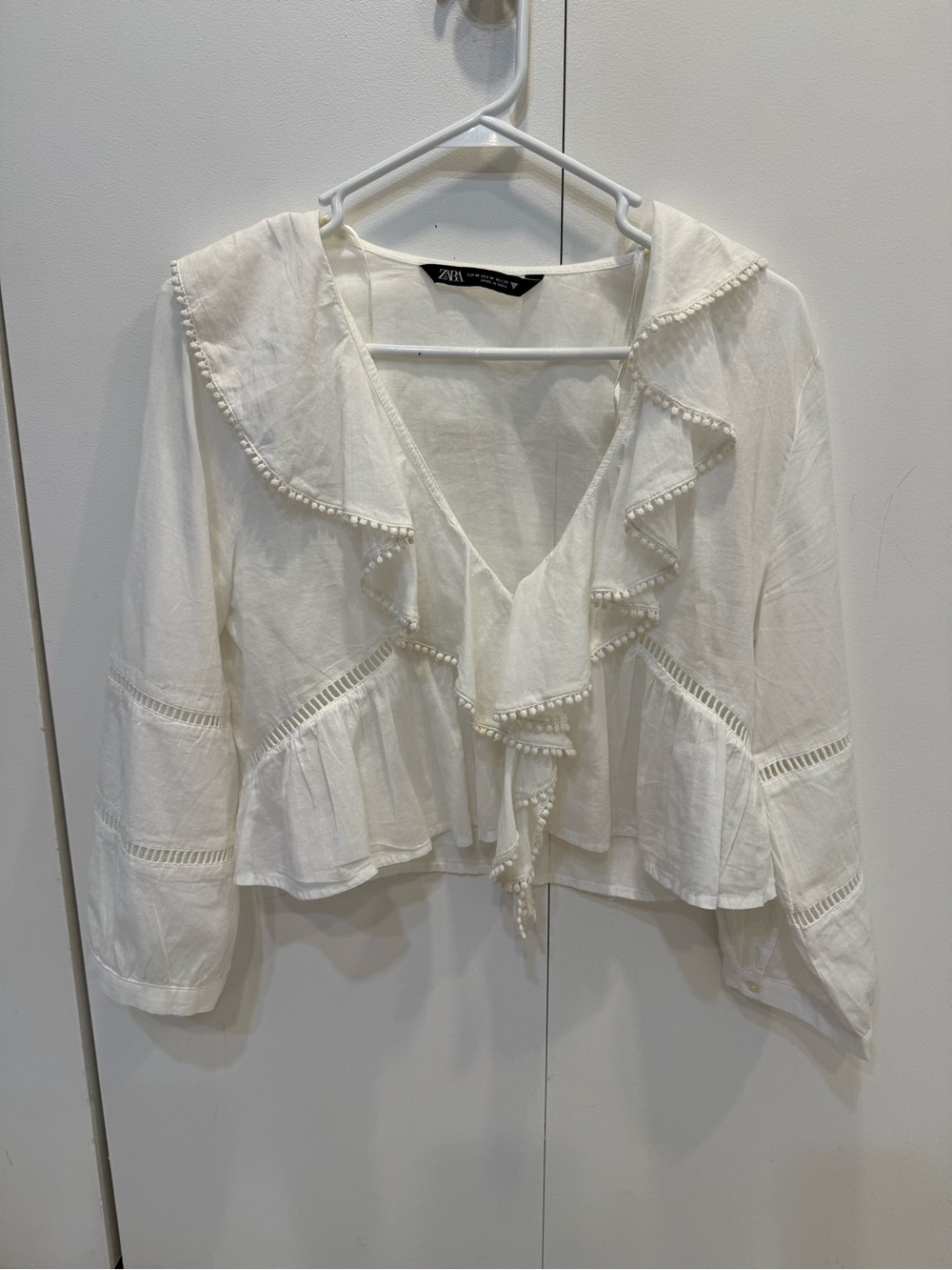 Zara White Ruffle-Trim V-Neck Blouse